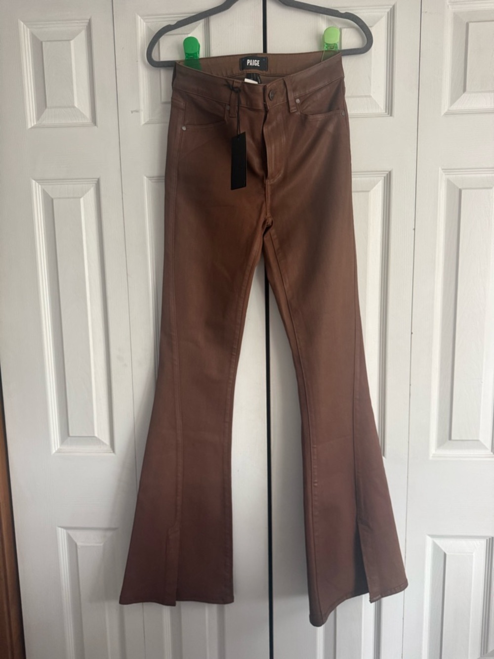 PAIGE cognac flare coated denim jeans